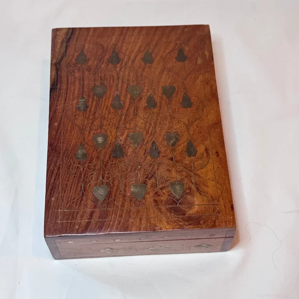 Vintage Wood Brass Inlay Jewelry Box Heart Boho Folk Art 7x5x2